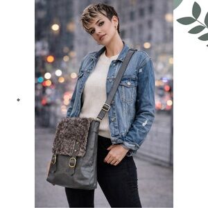 Vegan Faux Fur Crossbody Messenger Bag Grey Green